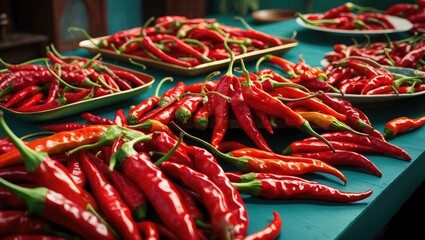 Red and orange hot chili peppers displayed on green wooden table with multiple plates filled evenly arranged in background