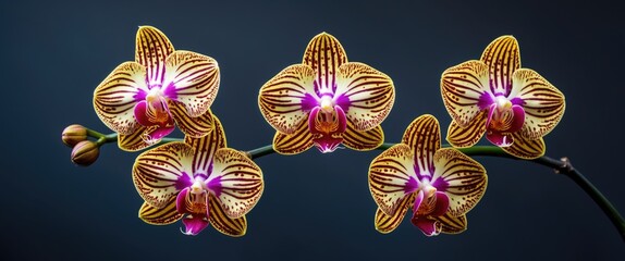 Orchids with striking yellow and purple patterns displayed against a dark background highlighting their intricate details