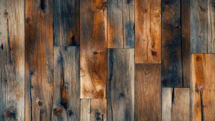 Obraz premium Wooden floor texture with varying shades of brown and gray, displaying natural grain patterns and detailed surface variations.