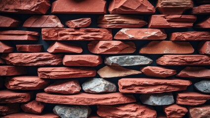 Red stone wall texture with unevenly arranged rectangular and irregular stones in earthy tones
