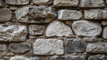 Fototapeta premium Textured stone wall composed of various irregularly shaped limestone blocks in neutral shades of gray and beige