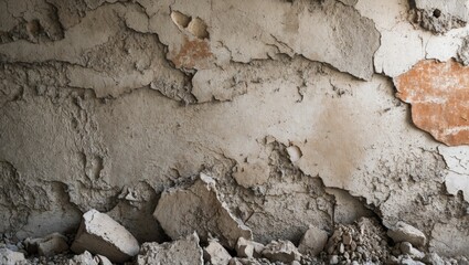 Fototapeta premium Textured cracked wall with peeling plaster and debris on the floor showing signs of neglect and deterioration in an interior space