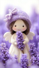 Fototapeta premium Adorable angel figurine holding lavender, nestled amongst purple flowers. A sweet, charming scene.