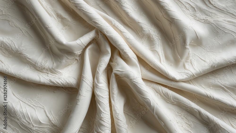 Poster textured white fabric with intricate patterns draped elegantly, creating soft folds and shadows.