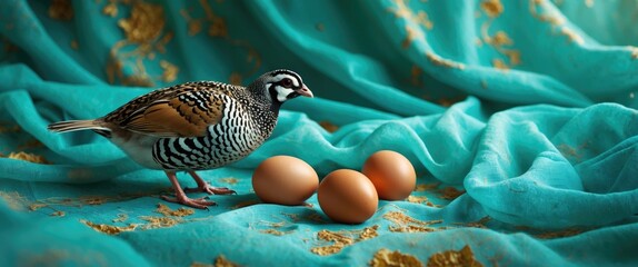 Bird on decorative fabric with three brown eggs in natural setting with intricate details and vibrant colors.