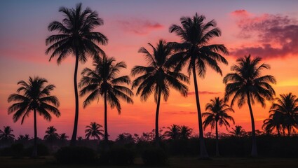 Obraz premium Tropical sunset silhouette with palm trees against colorful cloudy sky in a serene landscape setting