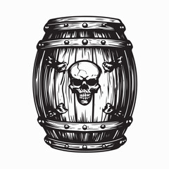 Wooden Beer Barrel with Human Skull Illustration in Dramatic Black and White Vector Artwork