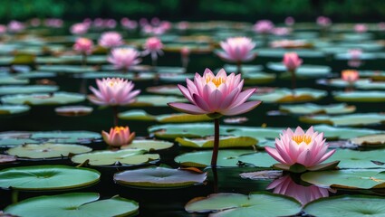 Pink water lilies blooming on a tranquil pond with green lily pads in a serene natural setting.