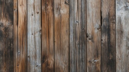 Naklejka premium Textured wooden wall background with varying shades of brown and gray vertical planks creating a rustic surface pattern.