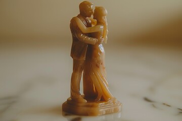 Male and female statues  an orange figure courting a pink figure against a white backdrop
