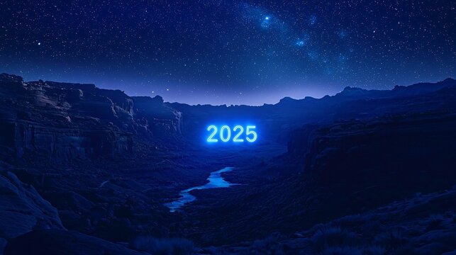 2025 New Year neon sign glows blue in dark mountains under stars. Futuristic, serene, mysterious landscape. Ideal for banners, text overlay, future concepts.