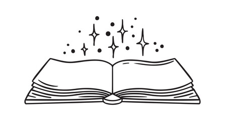 Open library book magic of reading, shining with stars doodle hand drawn icon. Outline drawing open book line clipart symbol