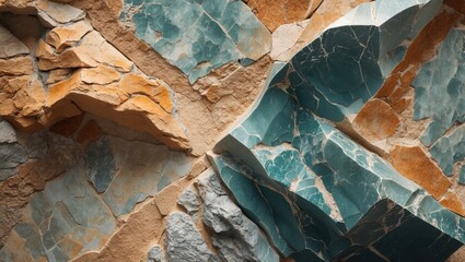 Fototapeta premium Colorful textured stone wall with various shades of teal, orange, and gray rock formations arranged in a geometric pattern