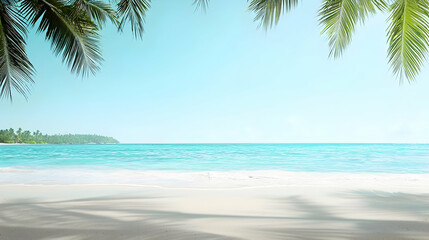 Serene Beach Scene with Palm Fronds Framing Turquoise Ocean and White Sand