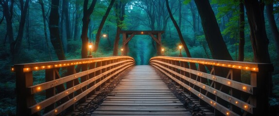 wooden bridge illuminated with lanterns in a foggy forest landscape at dusk surrounded by tall trees and lush foliage