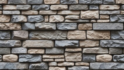 Fototapeta premium Modern stone wall texture in beige and gray hues with various shapes and sizes of rock blocks arranged in a seamless pattern