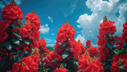 vibrant red flowering plants under a blue sky with clouds in a natural outdoor landscape setting