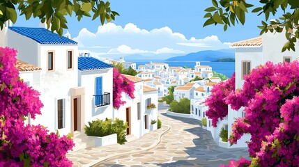 Fototapeta premium Charming coastal village with vibrant flowers.