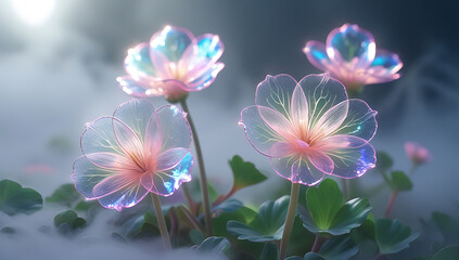 A vibrant image of Spectral Begonia flowers with delicate, translucent petals in pastel hues against a smoky background. Created with generative AI.