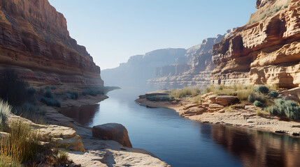 A river runs through a canyon with a cloudy sky in the background