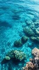 Clear turquoise waters with rocky seabeds.