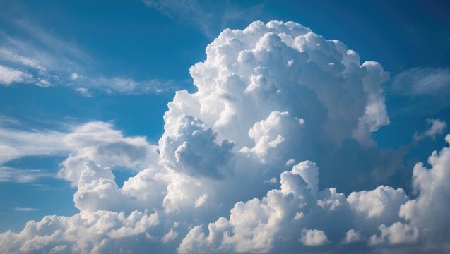 Cumulonimbus cloud formation under a clear blue sky with soft white clouds and subtle wisps of atmospheric vapor