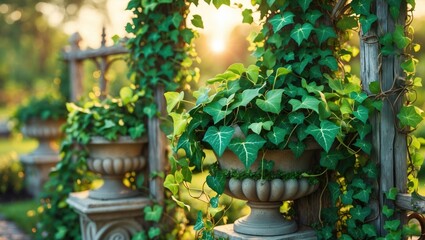 Fototapeta premium Ivy plants in decorative pots on garden trellises with natural sunlight illuminating the scene during golden hour.