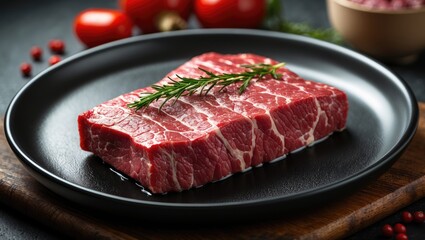 Raw marbled beef steak on a black plate garnished with fresh rosemary sitting on a wooden cutting board with tomatoes in the background