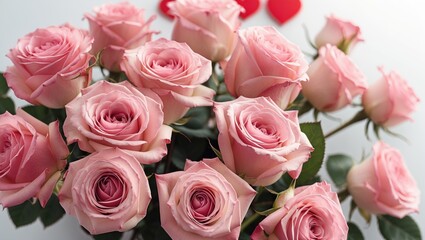 Obraz premium Bouquet of fresh pink roses with green leaves and decorative red hearts on a white background
