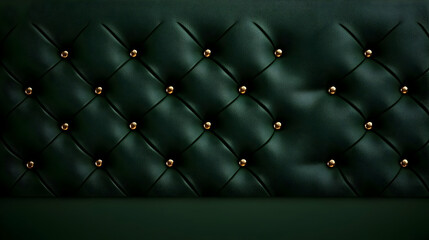 Elegant emerald green velvet upholstered wall with golden buttons in studio setting