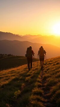 Two hikers trekking at sunset, vertical footage