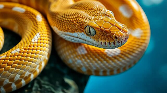 Colorful ball python resting on a rock in a vibrant aquarium environment with blue water background