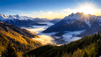 A majestic, snow-capped mountain range rising above the clouds. A vast valley stretches below, with glowing rivers winding through golden forests