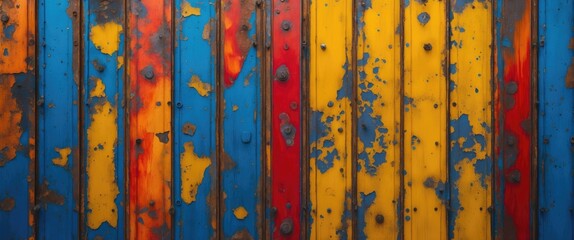 Textured metal surface with multicolored paint layers including blue, red, orange, and yellow, showing rust and wear.