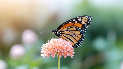 Fototapeta premium Monarch butterfly on pink flower, garden background, nature photography, ideal for nature publications