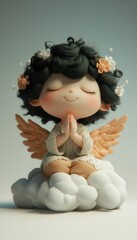 Adorable cherubic angel figurine, seated on a cloud, hands clasped in prayer.  Soft pastel colors and delicate details.