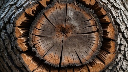 Tree trunk cross section with detailed annual rings and bark texture showing natural patterns and colors of wood grain.