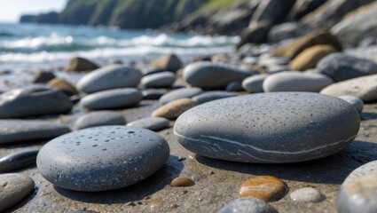 Pebbles and rocks on a sandy beach with gentle waves in the background and green cliffs under sunlight in coastal environment
