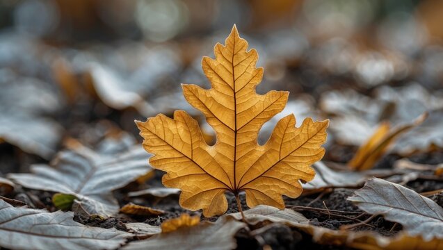 Close-up of a single dry golden leaf on ground covered with fallen leaves in autumn season natural light background