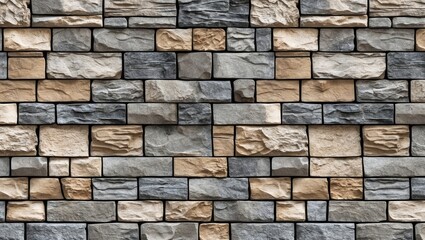 Obraz premium Textured stone wall in various shades of gray and beige arranged in a regular pattern suitable for background in design projects