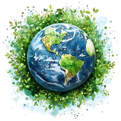 Green Planet Earth watercolor illustration.