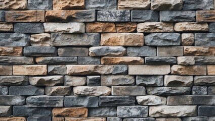 Obraz premium Stone wall texture with irregularly shaped stones in shades of gray and brown arranged in a structured pattern.