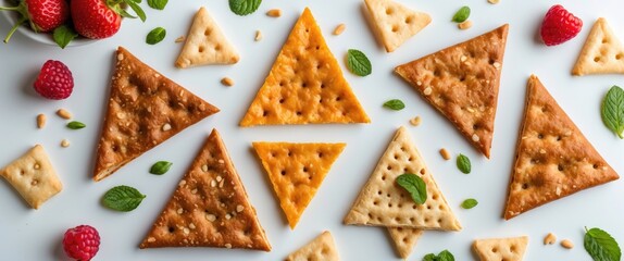 Triangle shaped crackers on a white surface with fresh mint leaves and raspberries arranged artistically around them.