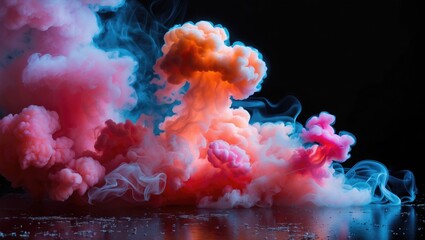 Colorful smoke cloud formation on black background with swirling patterns and vibrant hues of pink, orange, and blue.