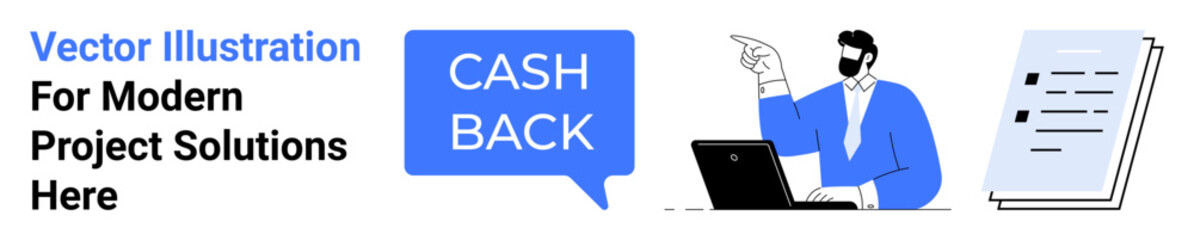 Person in blue attire working on laptop, pointing towards cashback notification, alongside a document. Ideal for technology, finance, business strategy, e-commerce, marketing, customer service flat