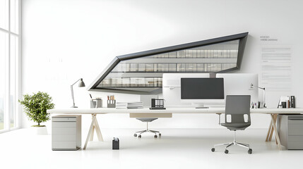 Modern Minimalist Office Interior with White Desk and Contemporary Design
