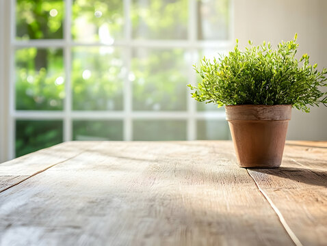 Sunlit plant in terracotta pot on rustic wooden table near window, bright garden background. Perfect for home decor, blogs, or websites