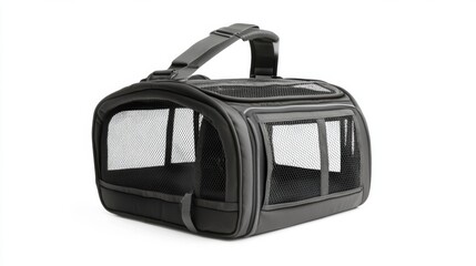 Fototapeta premium Stylish pet carrier designed for convenience and comfort. This black mesh bag allows for proper ventilation. Perfect for travel with small pets. Generative AI