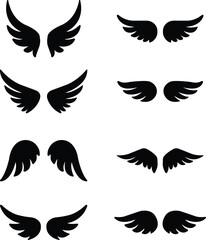 wings icon set.Fly illustration sign collection.Simple wings vector icons for web design on white background.Black wing icons.wings is ideal for logo, emblem, badge design.