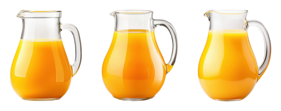 Trio of glass pitchers filled with fresh orange juice